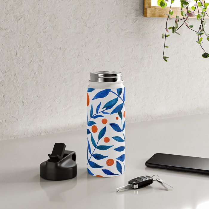 Watercolor berries and branches - blue and orange Water Bottle Gallery Image 4