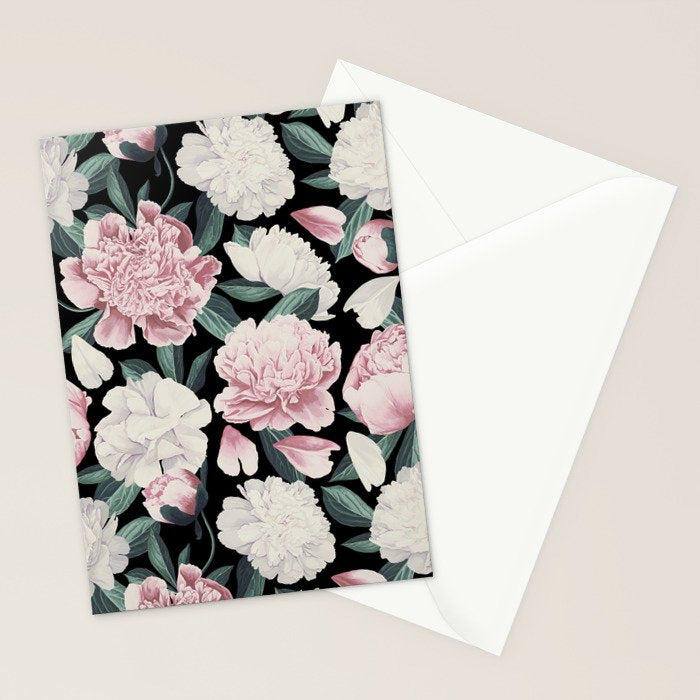 Chic Peonies on Black Stationery Card Gallery Image 2