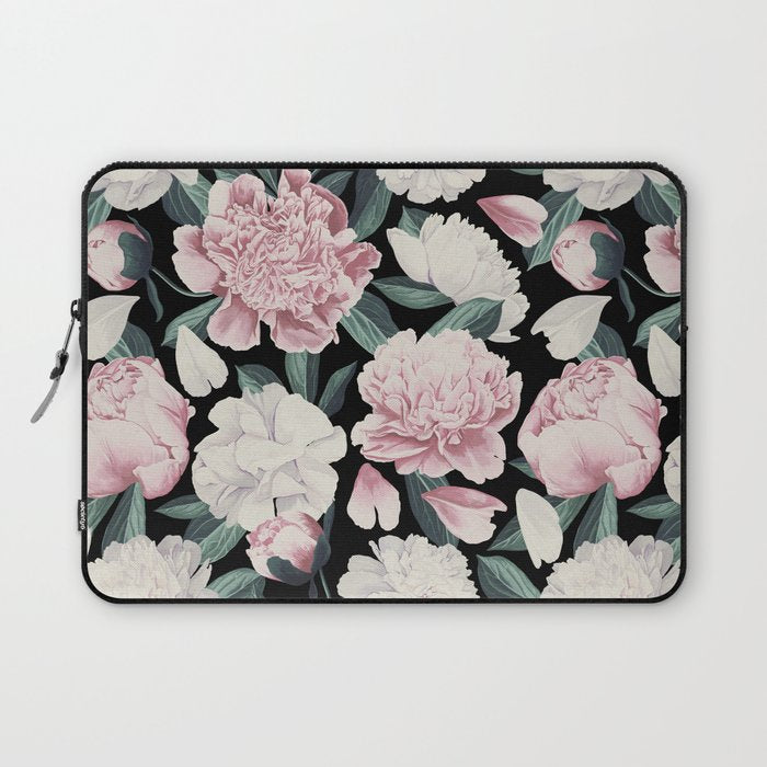 Chic Peonies on Black Laptop Sleeve Gallery Image 1