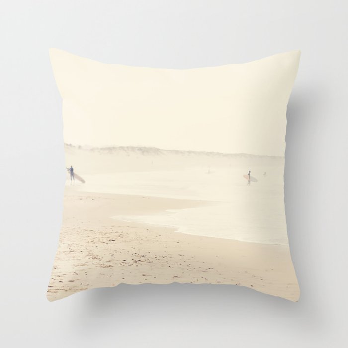 beach photography - minimal surfers and ocean print Throw Pillow Gallery Image 1