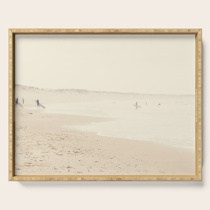 beach photography - minimal surfers and ocean print Serving Tray Gallery Image 1