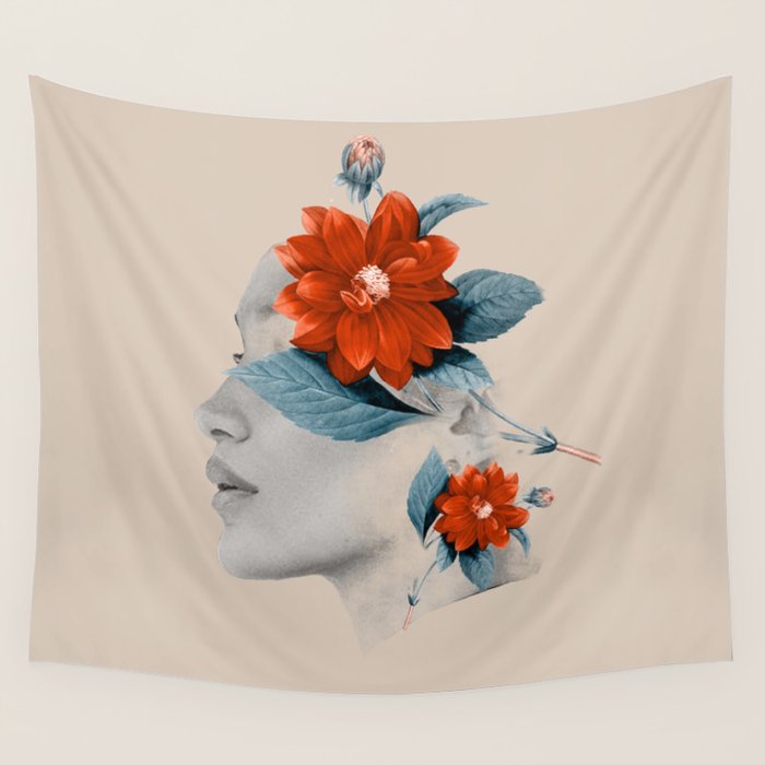 Minimal Collage Floral Portrait Wall Tapestry Gallery Image 4