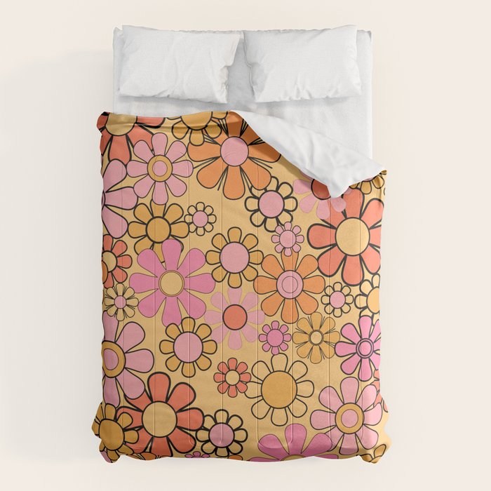 Groovy Retro Garden Floral Pattern 60s 70s Flowers Pink Orange and Yellow Comforter Gallery Image 1