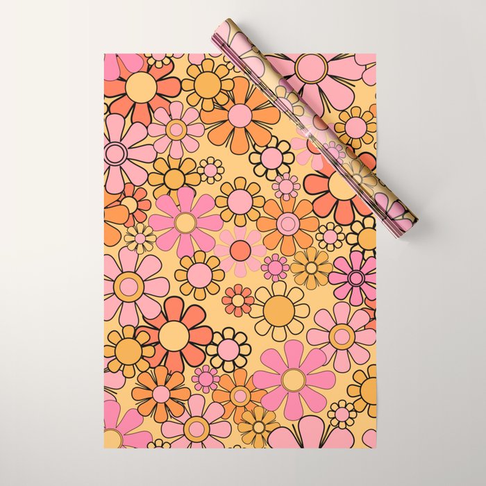 Groovy Retro Garden Floral Pattern 60s 70s Flowers Pink Orange and Yellow Wrapping Paper Gallery Image 1