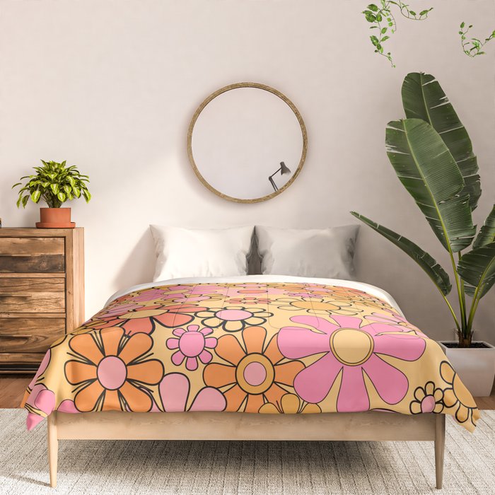 Groovy Retro Garden Floral Pattern 60s 70s Flowers Pink Orange and Yellow Comforter Gallery Image 3