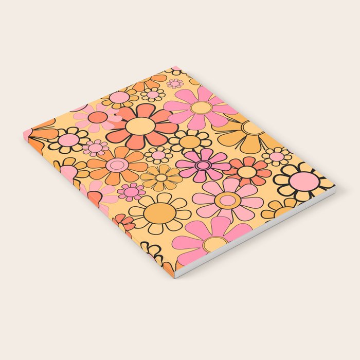 Groovy Retro Garden Floral Pattern 60s 70s Flowers Pink Orange and Yellow Notebook Gallery Image 2