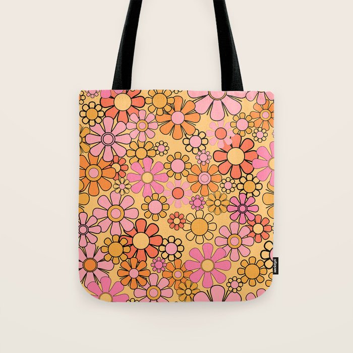 Groovy Retro Garden Floral Pattern 60s 70s Flowers Pink Orange and Yellow Tote Bag Gallery Image 1