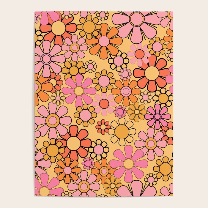 Groovy Retro Garden Floral Pattern 60s 70s Flowers Pink Orange and Yellow Poster Gallery Image 4