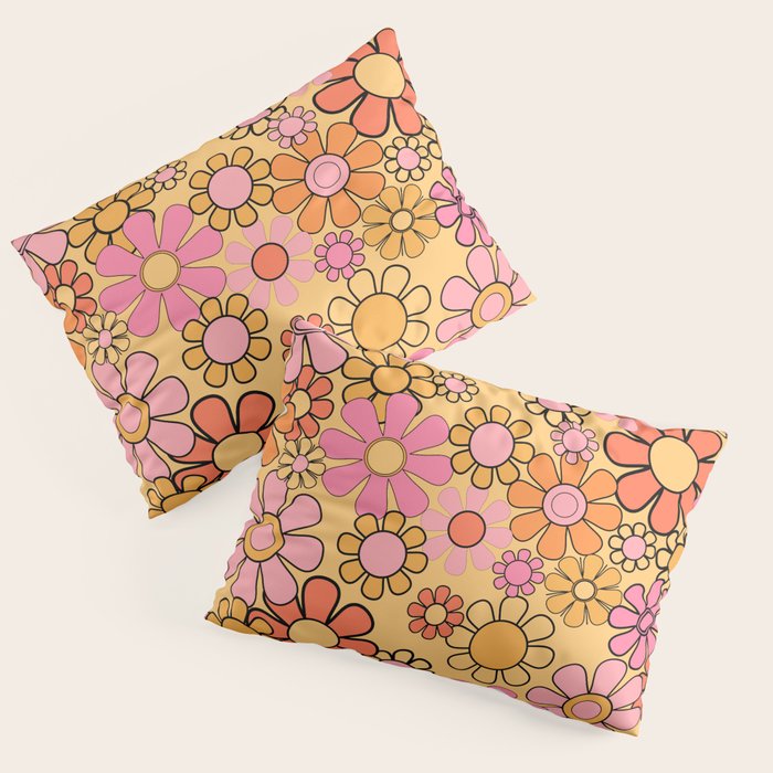 Groovy Retro Garden Floral Pattern 60s 70s Flowers Pink Orange and Yellow Pillow Sham Gallery Image 3