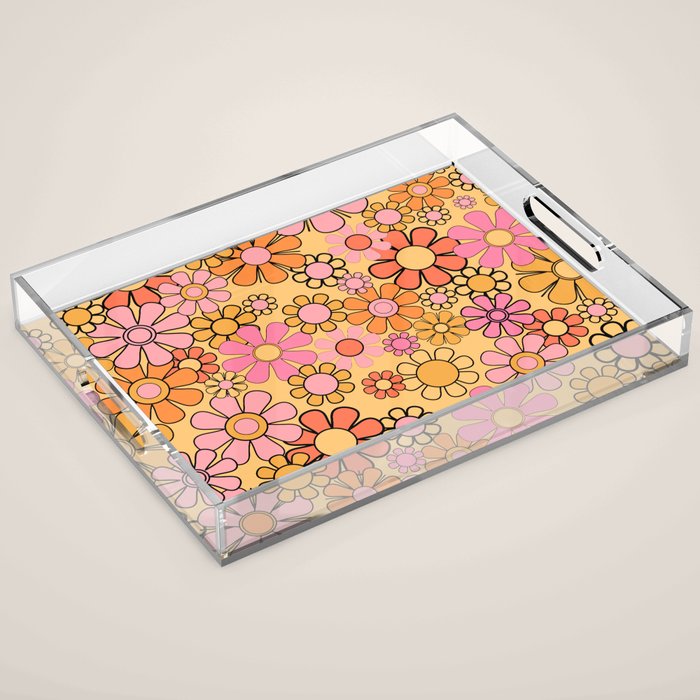 Groovy Retro Garden Floral Pattern 60s 70s Flowers Pink Orange and Yellow Acrylic Tray Gallery Image 1