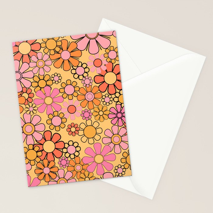 Groovy Retro Garden Floral Pattern 60s 70s Flowers Pink Orange and Yellow Stationery Card Gallery Image 2