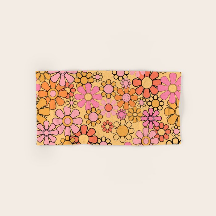 Groovy Retro Garden Floral Pattern 60s 70s Flowers Pink Orange and Yellow Bath Towel Gallery Image 1
