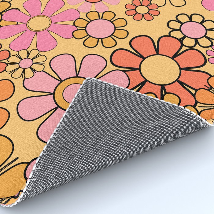 Groovy Retro Garden Floral Pattern 60s 70s Flowers Pink Orange and Yellow Rug Gallery Image 4
