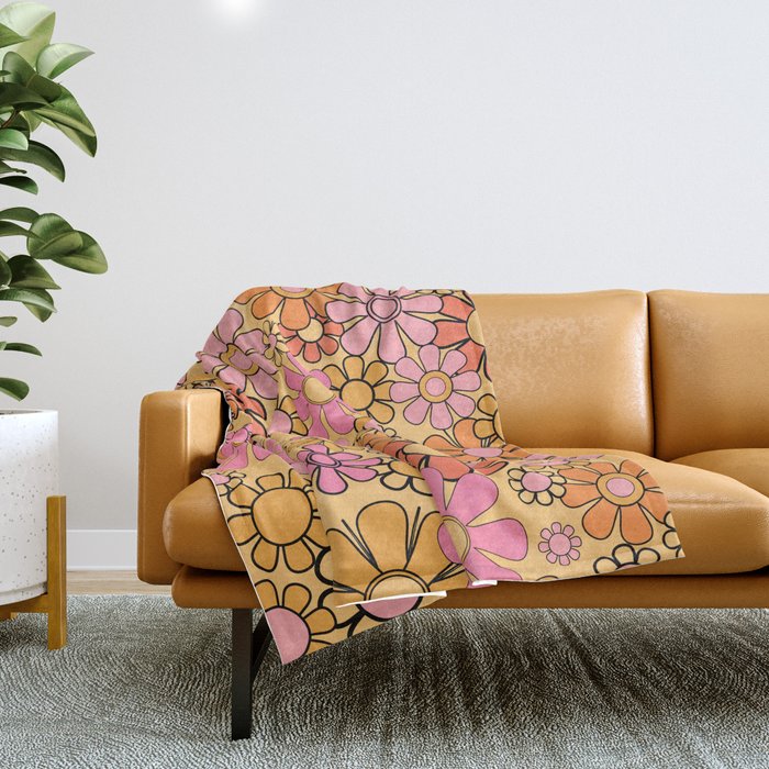 Groovy Retro Garden Floral Pattern 60s 70s Flowers Pink Orange and Yellow Throw Blanket Gallery Image 1