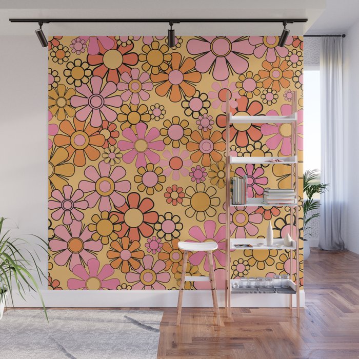 Groovy Retro Garden Floral Pattern 60s 70s Flowers Pink Orange and Yellow Wall Mural Gallery Image 1