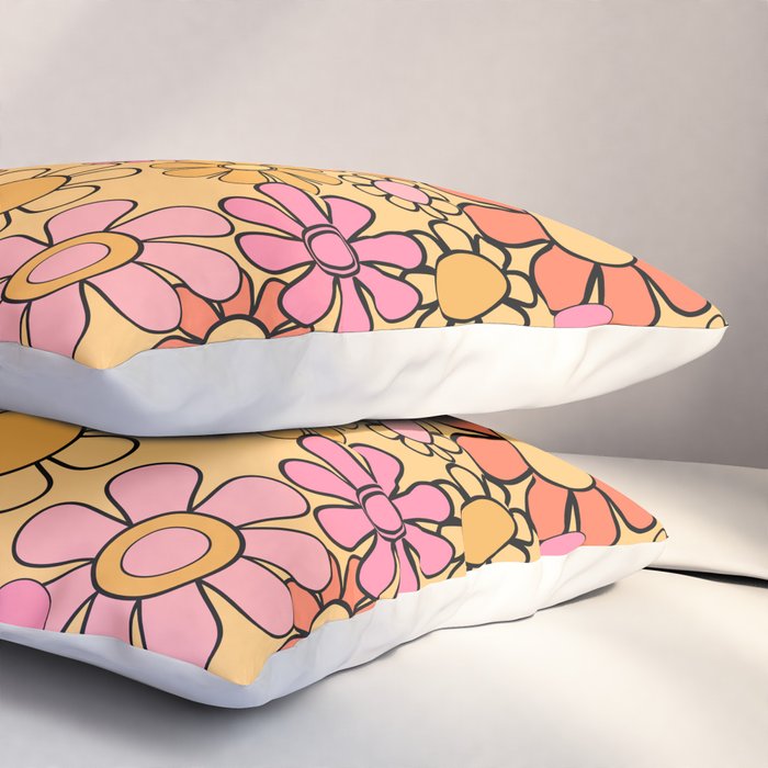 Groovy Retro Garden Floral Pattern 60s 70s Flowers Pink Orange and Yellow Pillow Sham Gallery Image 3
