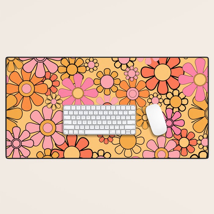 Groovy Retro Garden Floral Pattern 60s 70s Flowers Pink Orange and Yellow Desk Mat Gallery Image 1