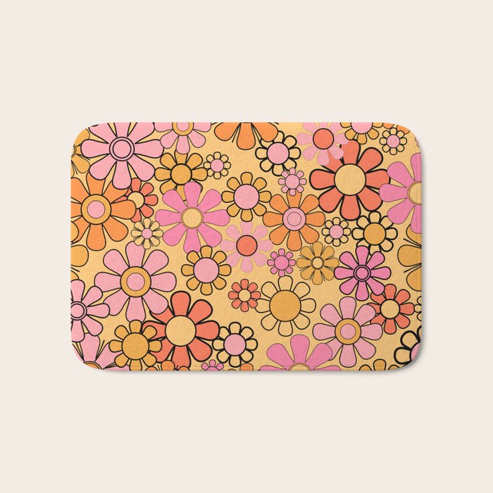 Groovy Retro Garden Floral Pattern 60s 70s Flowers Pink Orange and Yellow Bath Mat Gallery Image 1