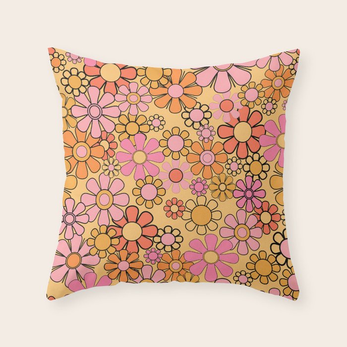 Groovy Retro Garden Floral Pattern 60s 70s Flowers Pink Orange and Yellow Throw Pillow Gallery Image 6