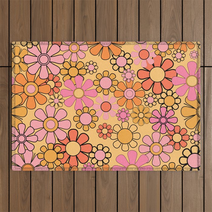 Groovy Retro Garden Floral Pattern 60s 70s Flowers Pink Orange and Yellow Outdoor Rug Gallery Image 1