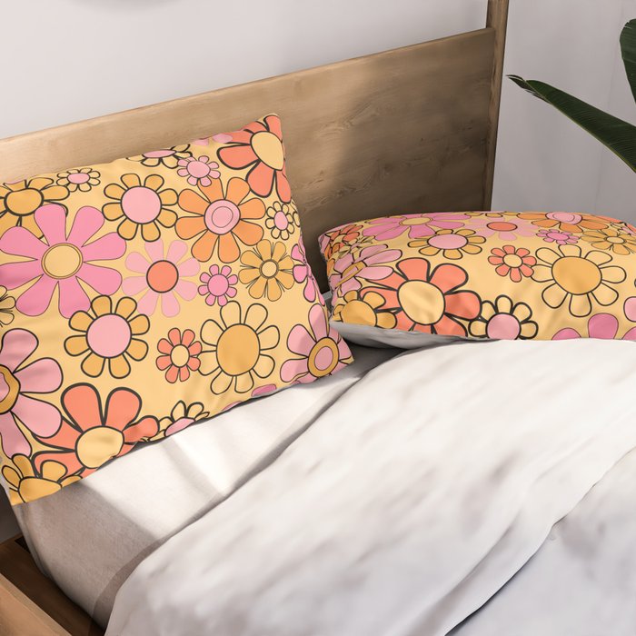 Groovy Retro Garden Floral Pattern 60s 70s Flowers Pink Orange and Yellow Pillow Sham Gallery Image 2