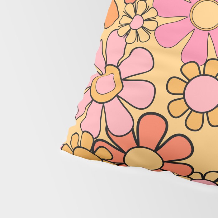 Groovy Retro Garden Floral Pattern 60s 70s Flowers Pink Orange and Yellow Pillow Sham Gallery Image 4