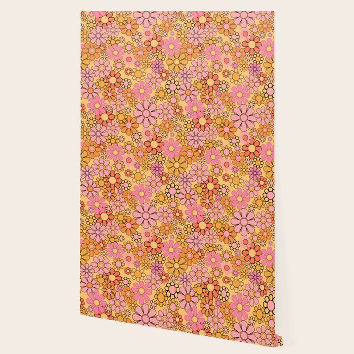 Groovy Retro Garden Floral Pattern 60s 70s Flowers Pink Orange and Yellow Wallpaper Gallery Image 2