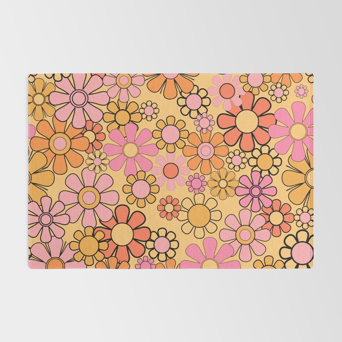 Groovy Retro Garden Floral Pattern 60s 70s Flowers Pink Orange and Yellow Rug Gallery Image 2