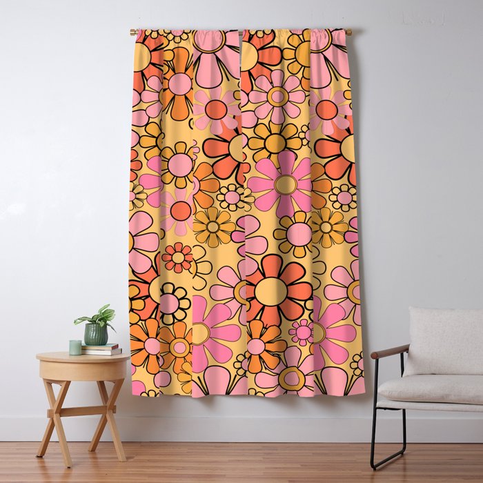 Groovy Retro Garden Floral Pattern 60s 70s Flowers Pink Orange and Yellow Window Curtain Gallery Image 5