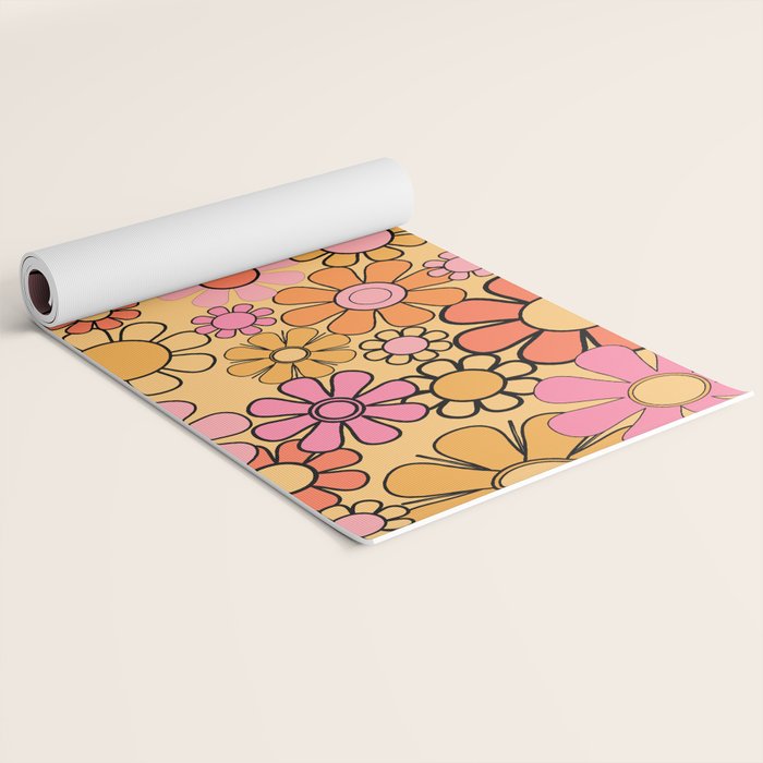 Groovy Retro Garden Floral Pattern 60s 70s Flowers Pink Orange and Yellow Yoga Mat Gallery Image 2