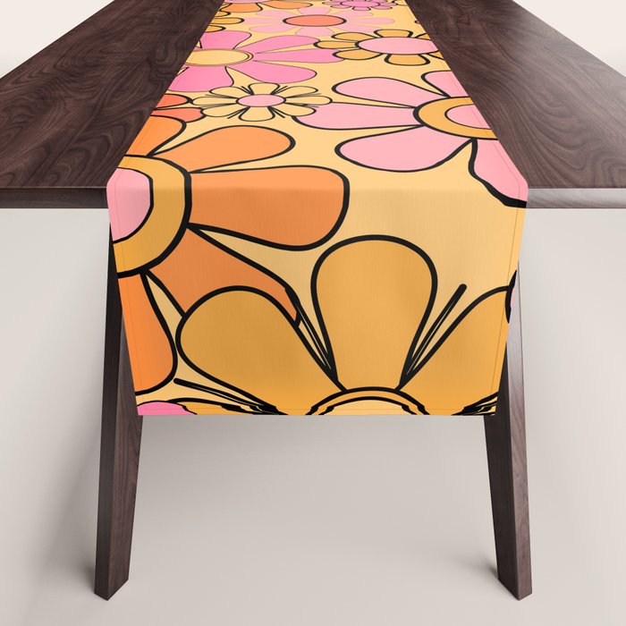 Groovy Retro Garden Floral Pattern 60s 70s Flowers Pink Orange and Yellow Table Runner Gallery Image 1