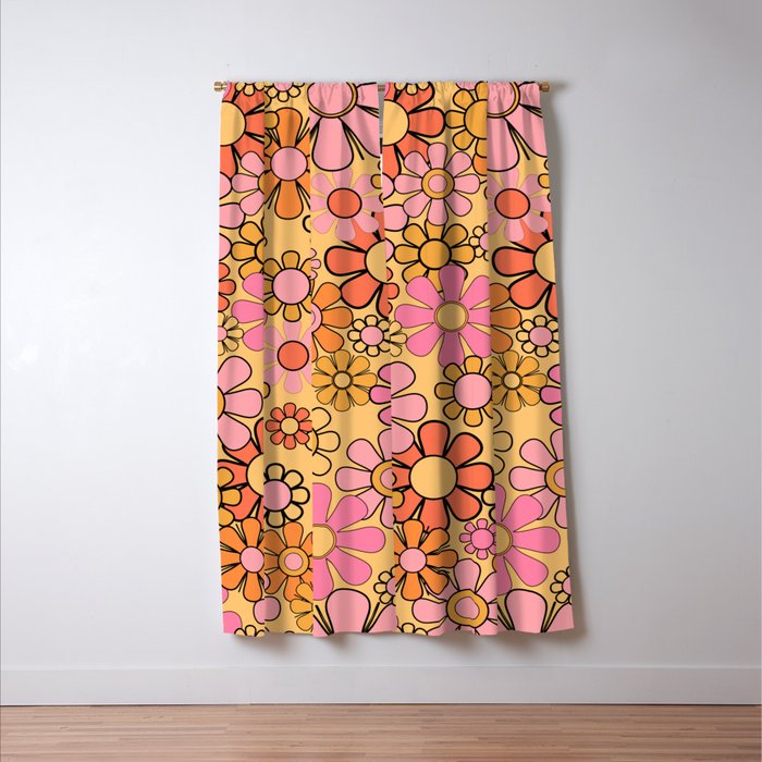 Groovy Retro Garden Floral Pattern 60s 70s Flowers Pink Orange and Yellow Window Curtain Gallery Image 3