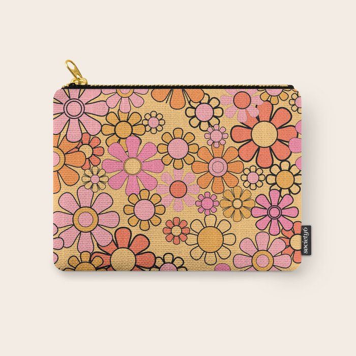 Groovy Retro Garden Floral Pattern 60s 70s Flowers Pink Orange and Yellow Carry All Pouch Gallery Image 1