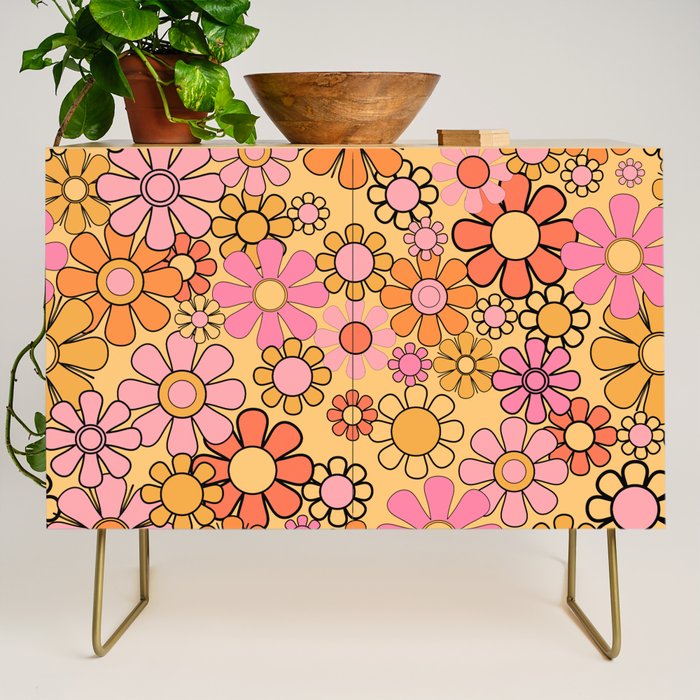 Groovy Retro Garden Floral Pattern 60s 70s Flowers Pink Orange and Yellow Credenza Gallery Image 1