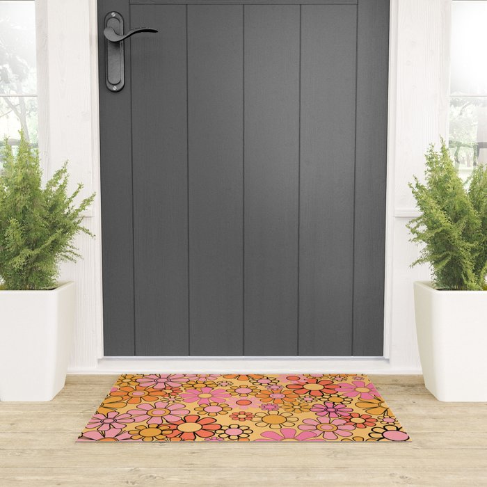 Groovy Retro Garden Floral Pattern 60s 70s Flowers Pink Orange and Yellow Welcome Mat Gallery Image 3