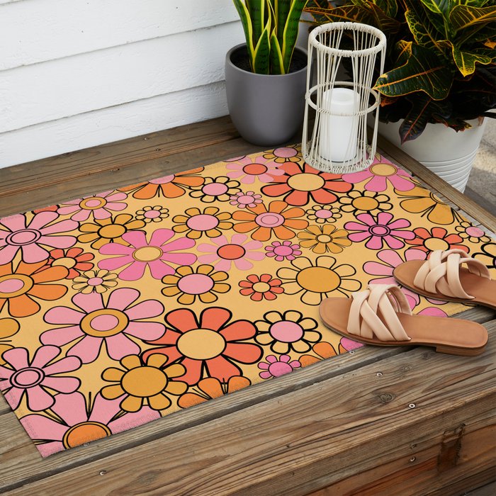 Groovy Retro Garden Floral Pattern 60s 70s Flowers Pink Orange and Yellow Outdoor Rug Gallery Image 2