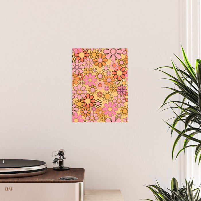 Groovy Retro Garden Floral Pattern 60s 70s Flowers Pink Orange and Yellow Poster Gallery Image 2