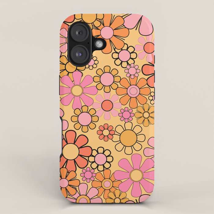 Groovy Retro Garden Floral Pattern 60s 70s Flowers Pink Orange and Yellow iPhone Case Gallery Image 1