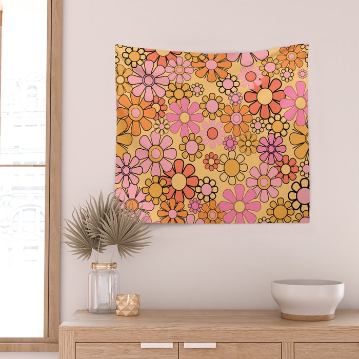 Groovy Retro Garden Floral Pattern 60s 70s Flowers Pink Orange and Yellow Wall Tapestry Gallery Image 2