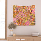 Groovy Retro Garden Floral Pattern 60s 70s Flowers Pink Orange and Yellow Wall Tapestry Gallery Image 2