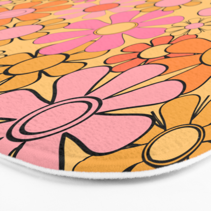 Groovy Retro Garden Floral Pattern 60s 70s Flowers Pink Orange and Yellow Bath Mat Gallery Image 3