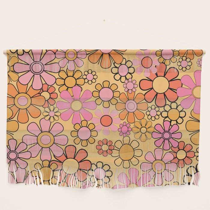 Groovy Retro Garden Floral Pattern 60s 70s Flowers Pink Orange and Yellow Wall Hanging Gallery Image 1