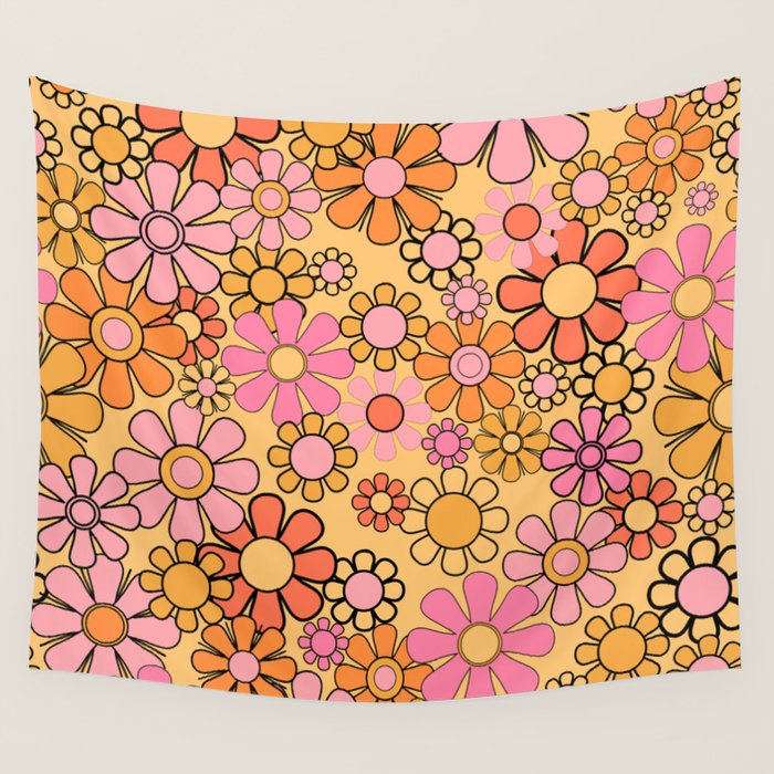 Groovy Retro Garden Floral Pattern 60s 70s Flowers Pink Orange and Yellow Wall Tapestry Gallery Image 4