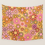 Groovy Retro Garden Floral Pattern 60s 70s Flowers Pink Orange and Yellow Wall Tapestry Gallery Image 4