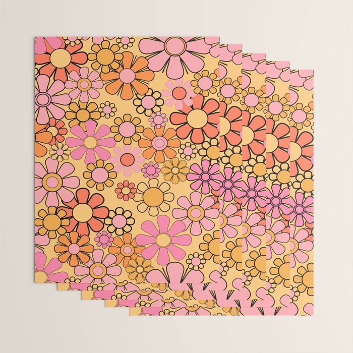 Groovy Retro Garden Floral Pattern 60s 70s Flowers Pink Orange and Yellow Wrapping Paper Gallery Image 3