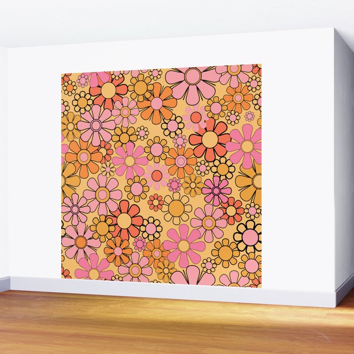 Groovy Retro Garden Floral Pattern 60s 70s Flowers Pink Orange and Yellow Wall Mural Gallery Image 2