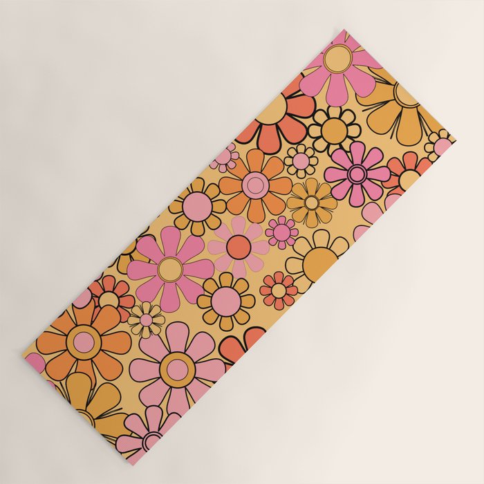 Groovy Retro Garden Floral Pattern 60s 70s Flowers Pink Orange and Yellow Yoga Mat Gallery Image 1