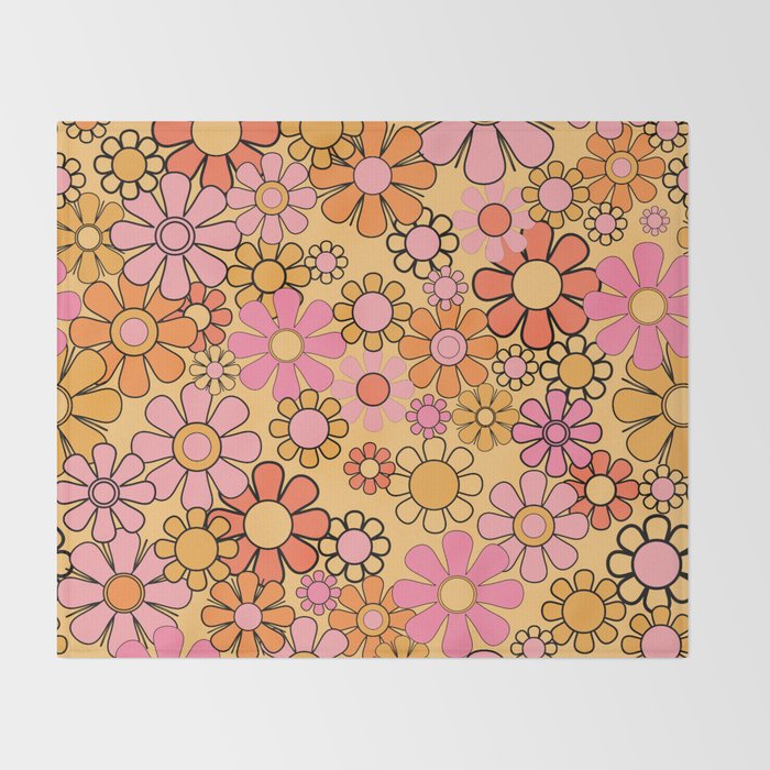 Groovy Retro Garden Floral Pattern 60s 70s Flowers Pink Orange and Yellow Throw Blanket Gallery Image 2