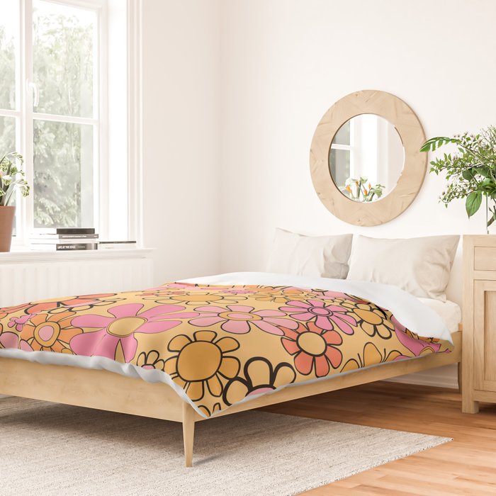 Groovy Retro Garden Floral Pattern 60s 70s Flowers Pink Orange and Yellow Duvet Cover Gallery Image 2