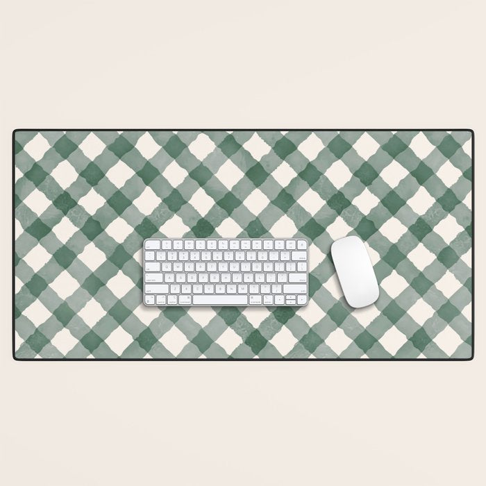 Hand Painted Dark Green Festive Gingham Theme Desk Mat Gallery Image 1